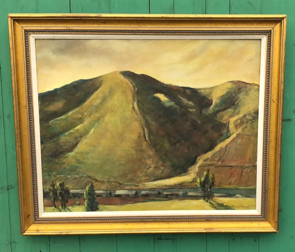 California Mountain Landscape Oil Painting With A Train Signed Evelyn Herman 1