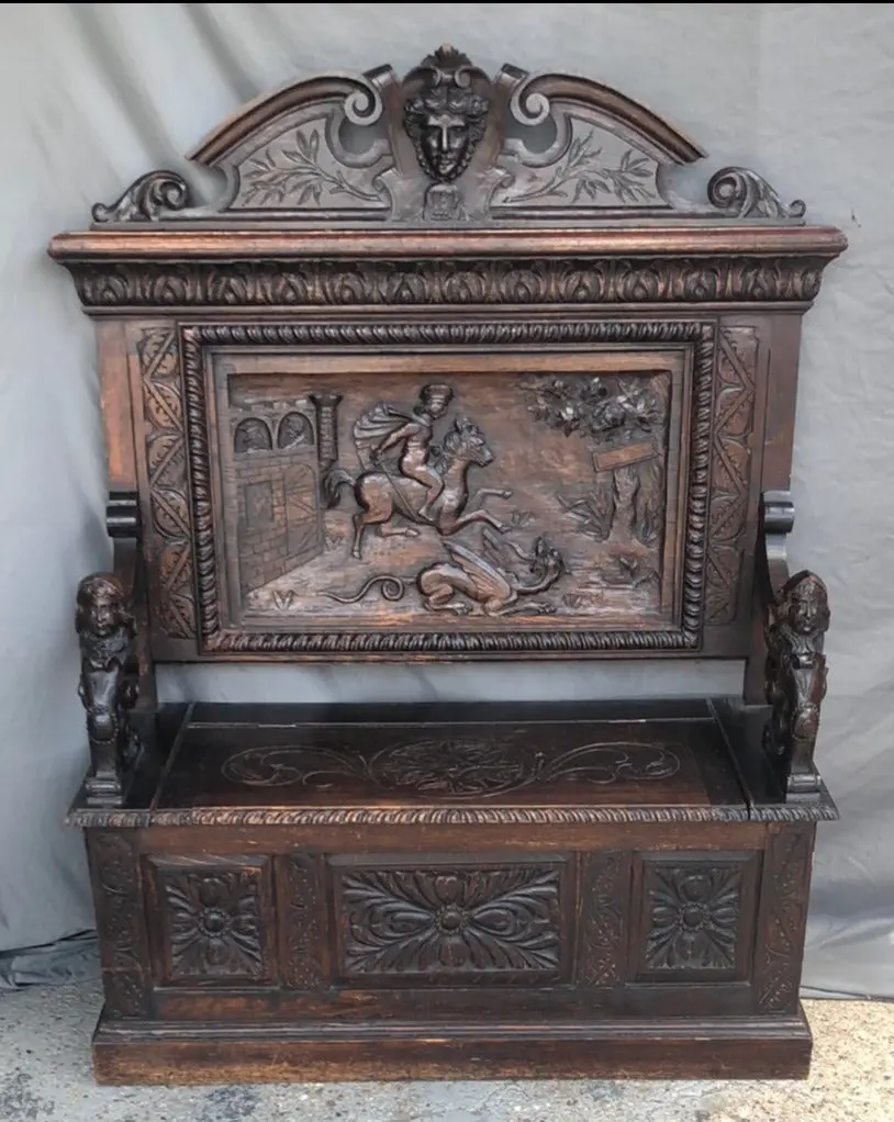 Carved Oak 19Th Century Hall Bench W/ St. George Slaying Dragon 1