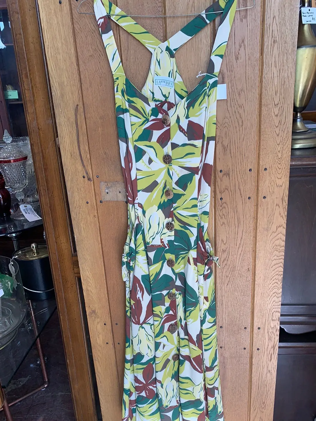 Brown Green And Cream Tropical Print Midi Dress -As Is, Hole 1