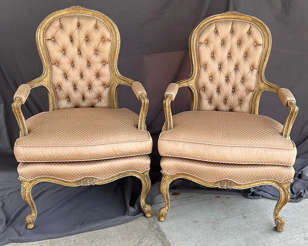 Pair Of French Fauteuil Chairs With Gold Fabric 1