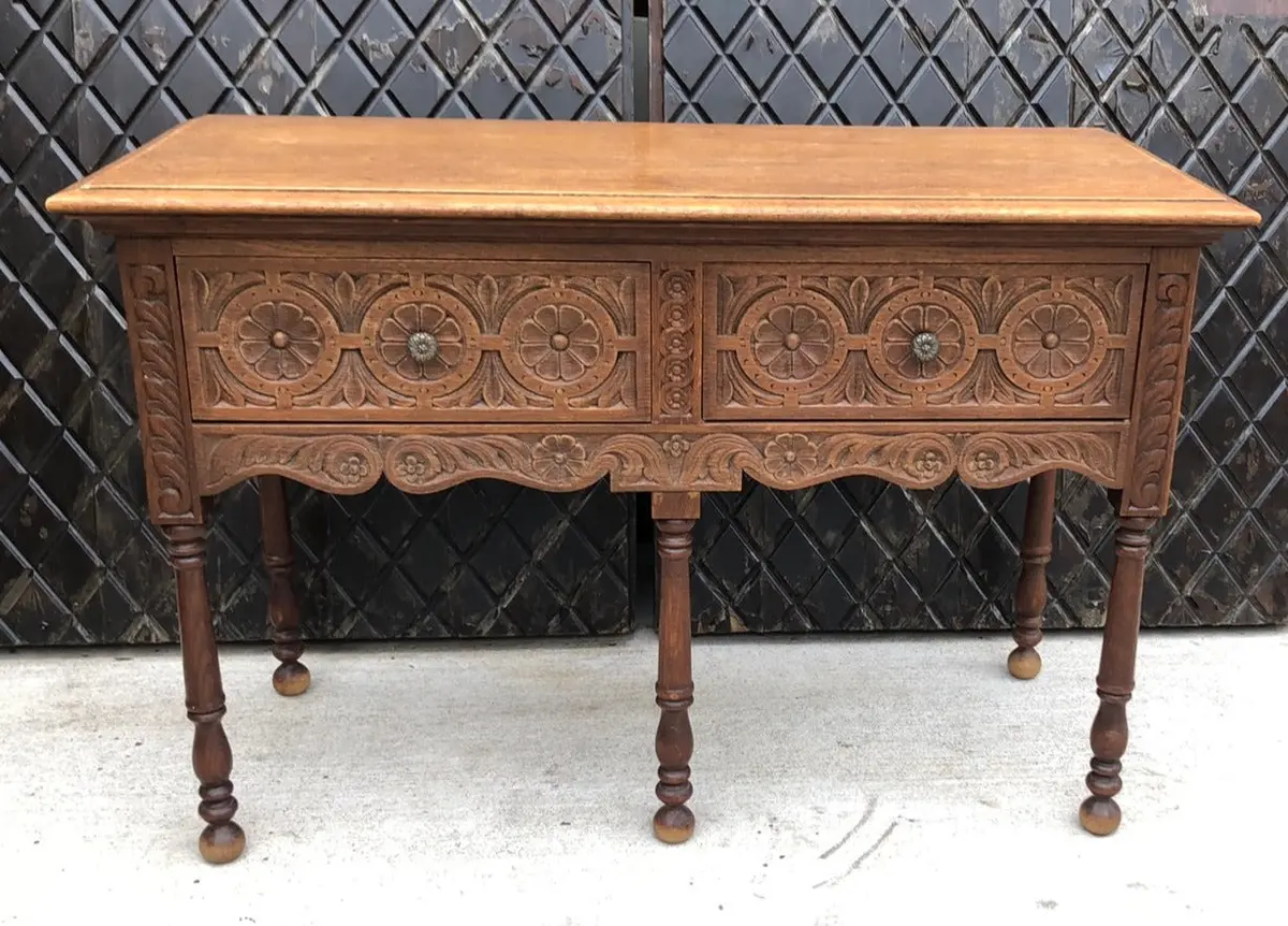 2 Drawer Oak Florettes Carved Console Table 1