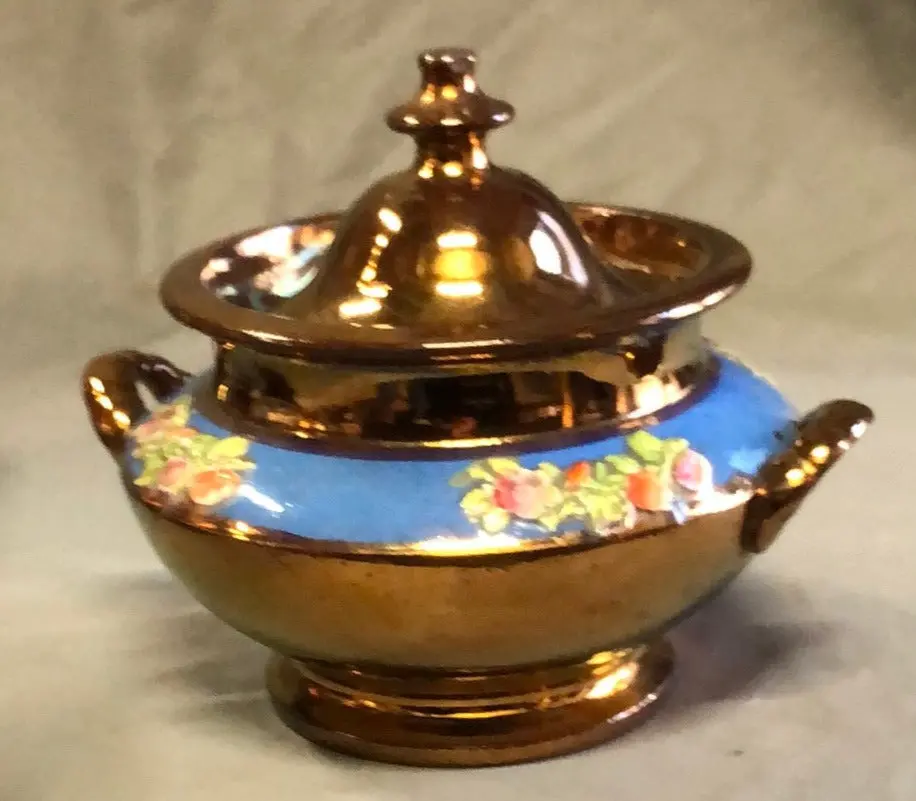 Copper Luster Sugar Bowl With Flowers As Found 1