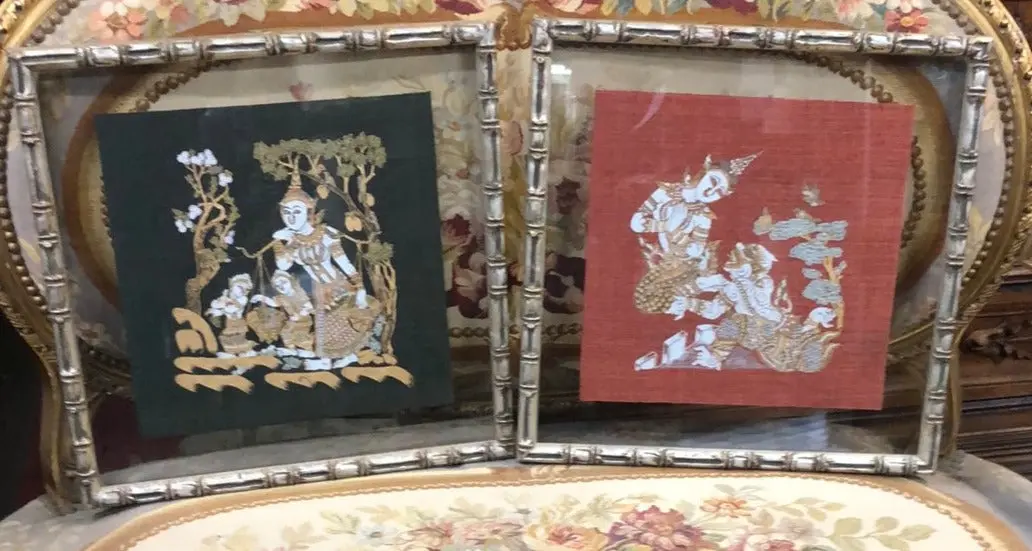 Pair Of Framed Thai Dancers Painted On Cloth 1