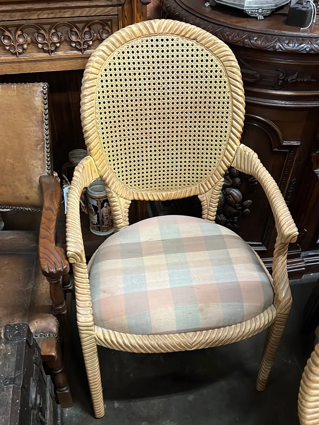 As Is Vintage Caned Balloon Back Reeded Arm Chair 1