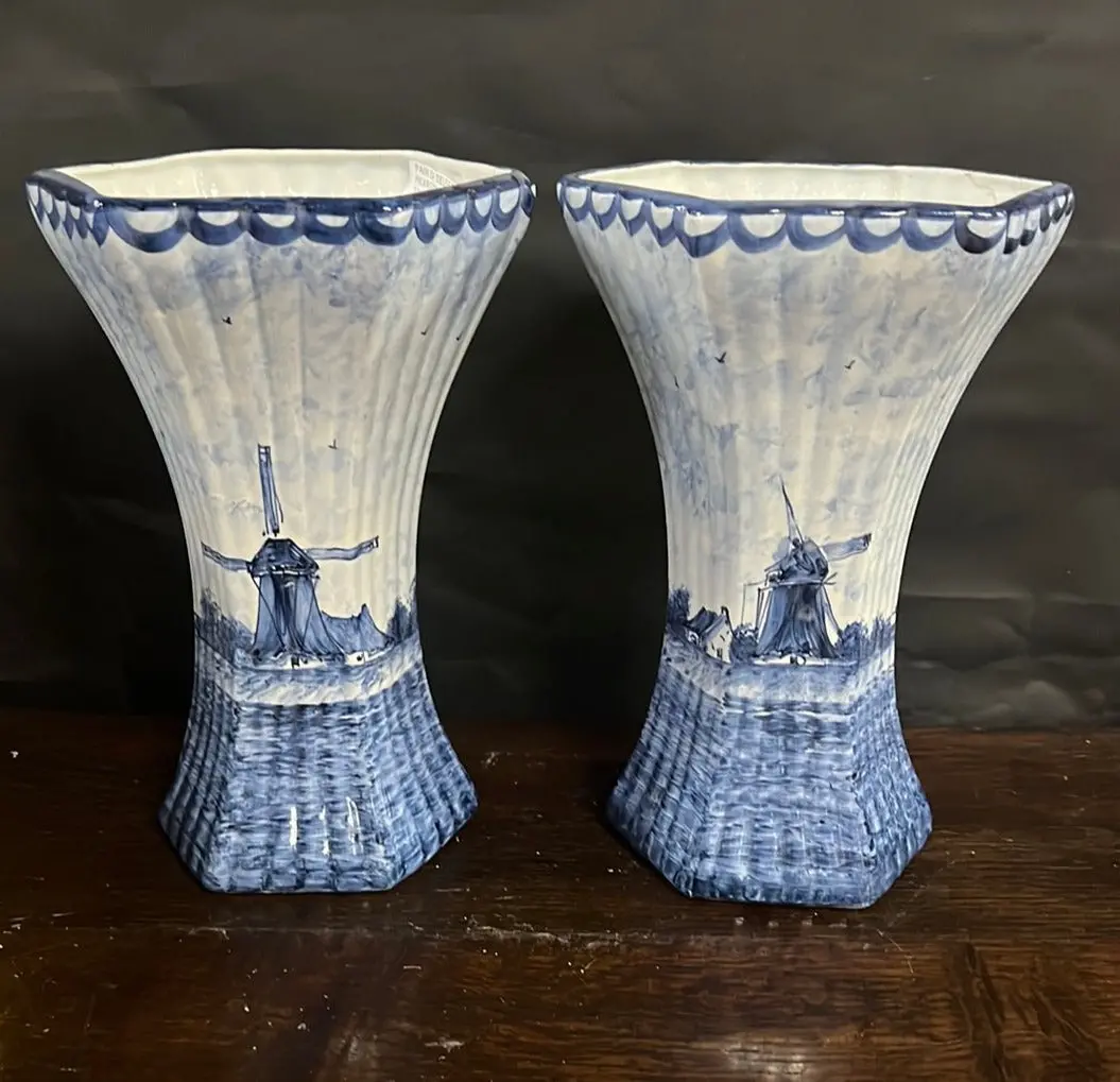 Pair Of Delft Flared Hexagonal Vases 1