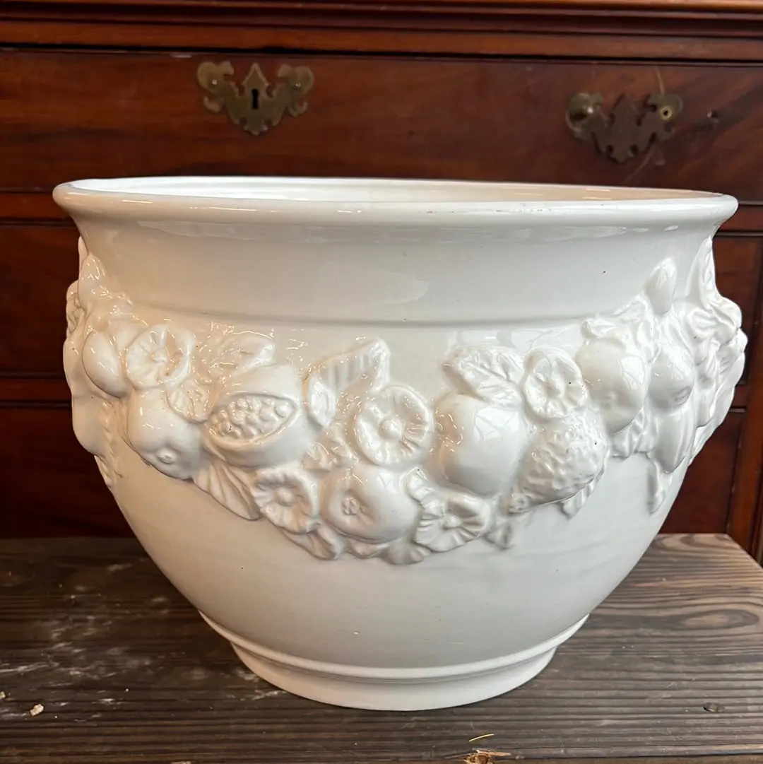 Large White Planter With Fruit And Faces 1