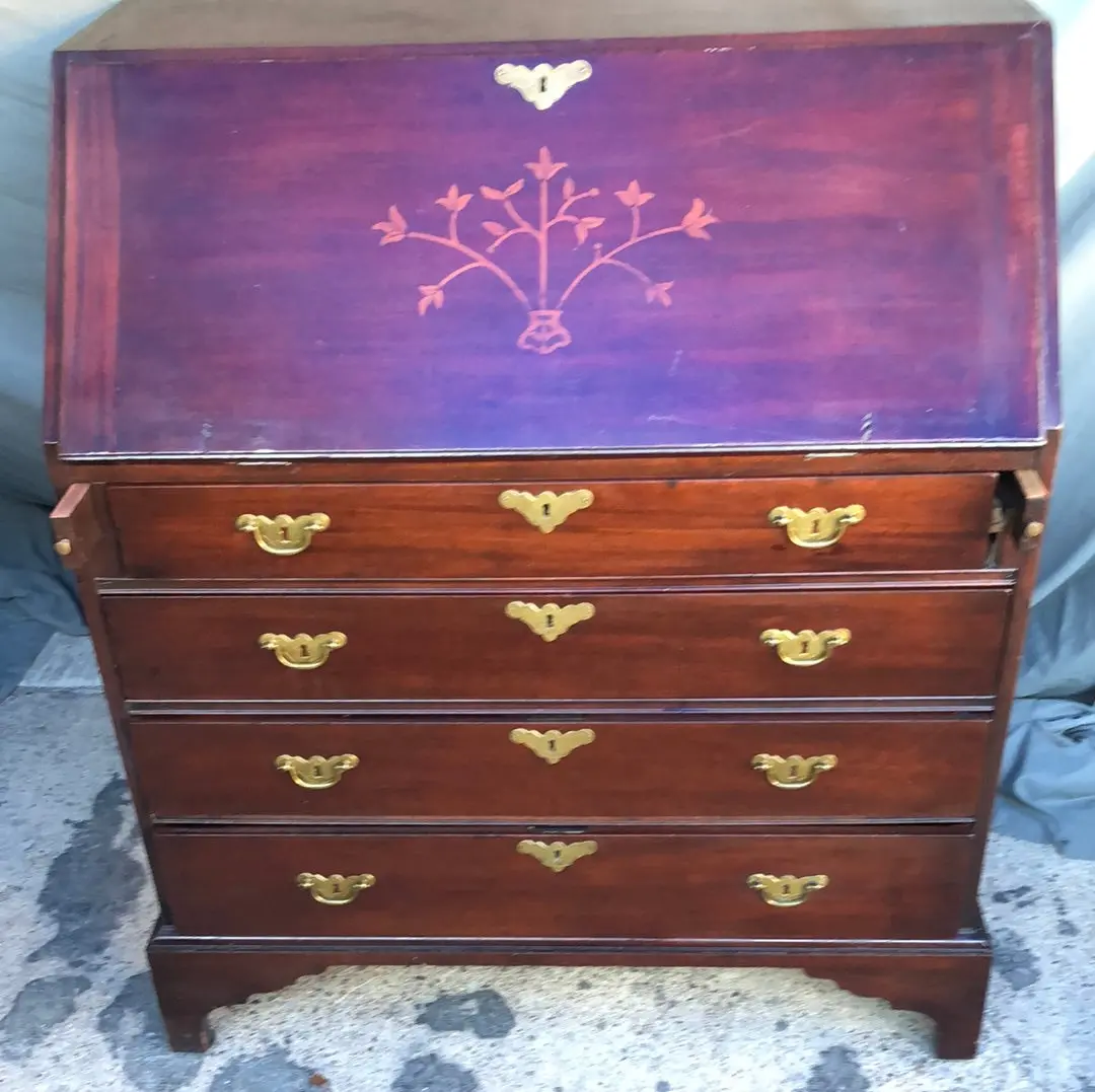 Inlaid Drop Front Mahogany Desk Circa 1940S 1