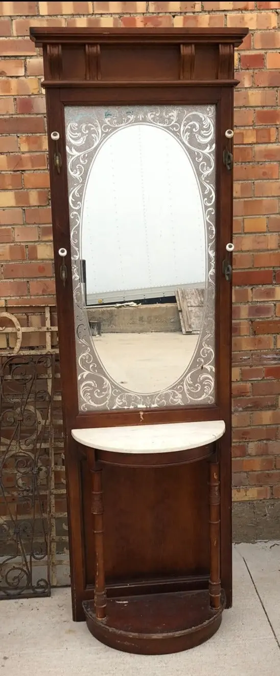 Halltree With Marble Top Console And Etched Mirror-Not Old 1