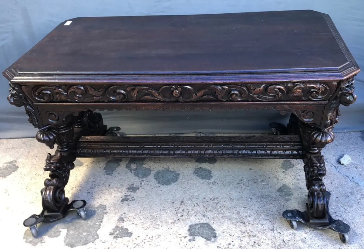 Restored Mechillin Carved Dolphins Library Table Dark Oak 1