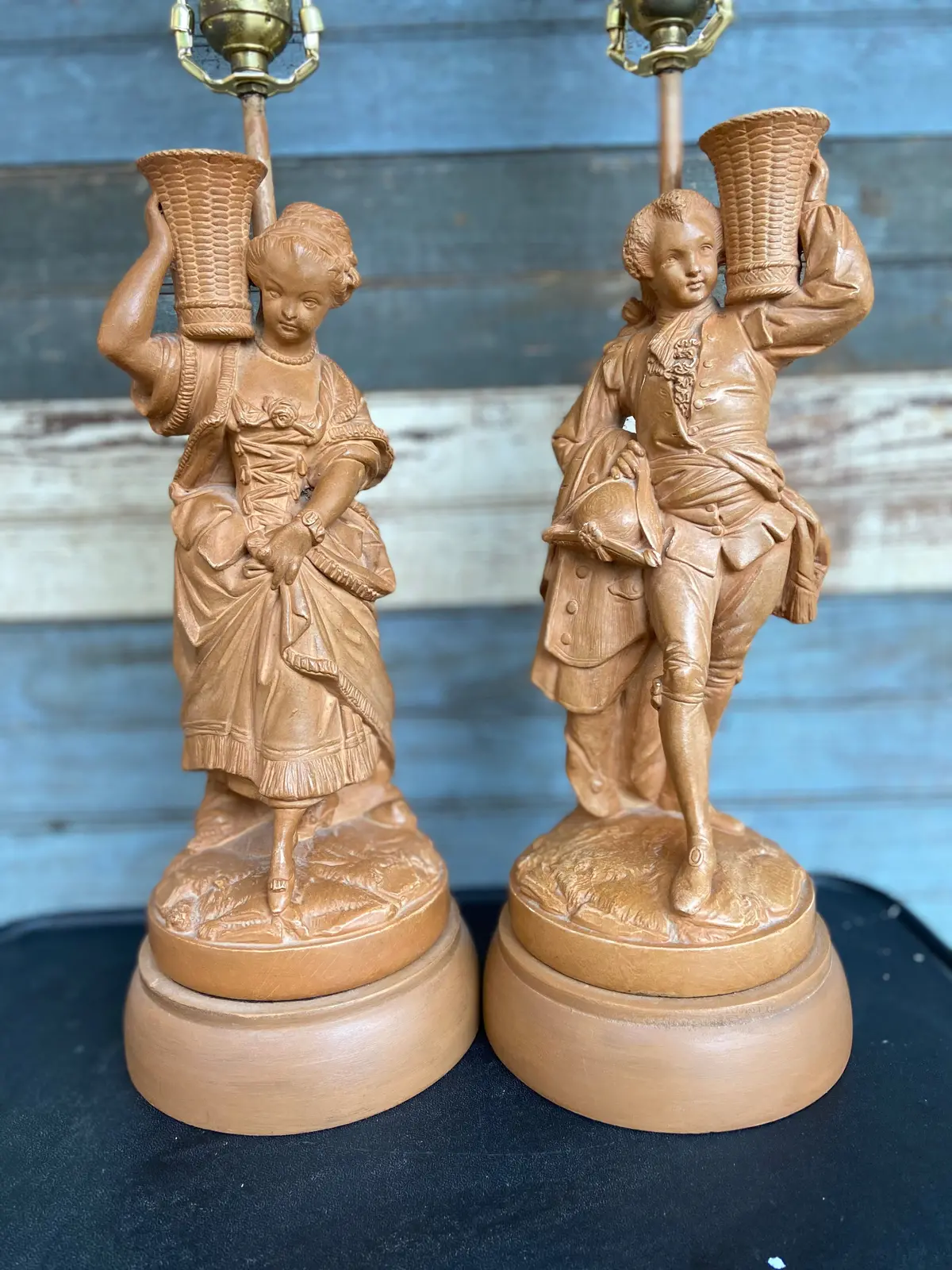 Pair Of Tan Composite Man And Woman Lamps 1