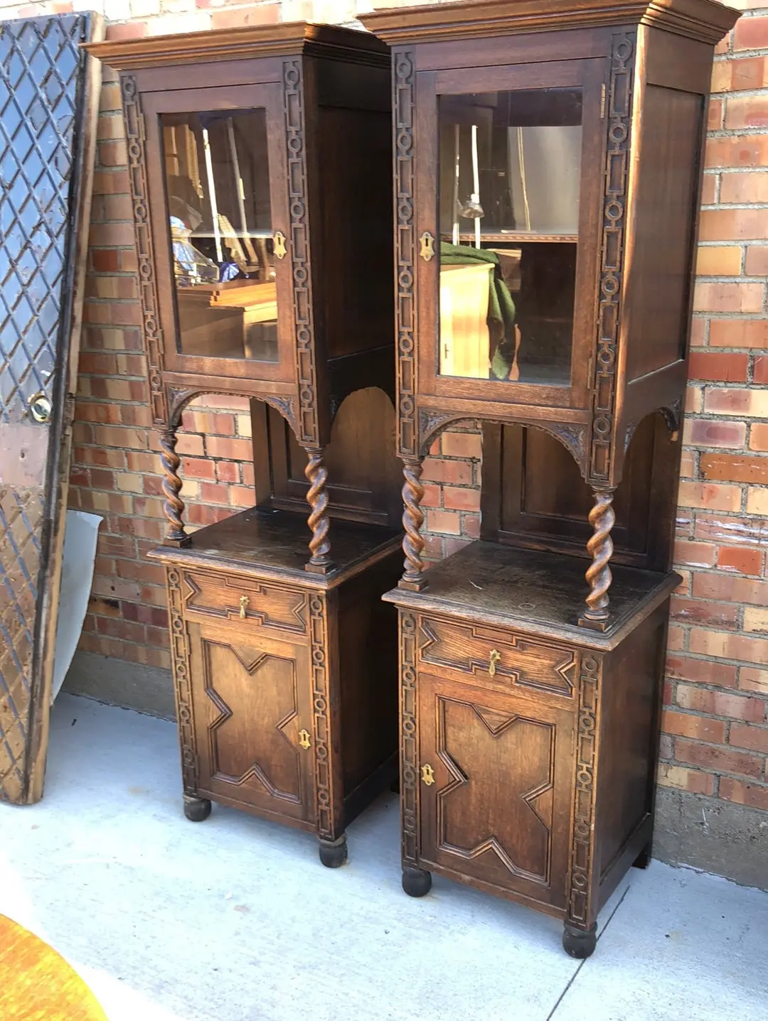 Pair Of Narrow Barley Twist Oak Display Cabinets 1