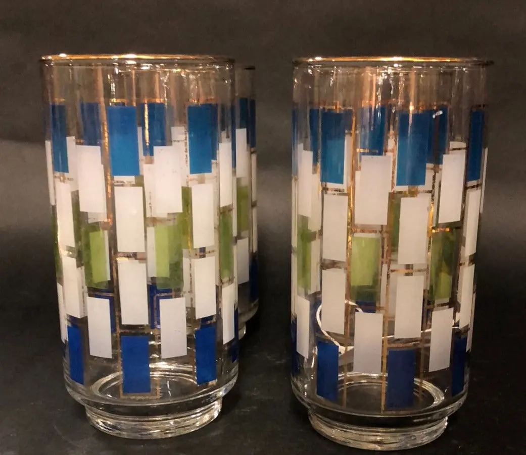 Set Of 4 Mcm Blue And Green Geometric Design Glasses 1