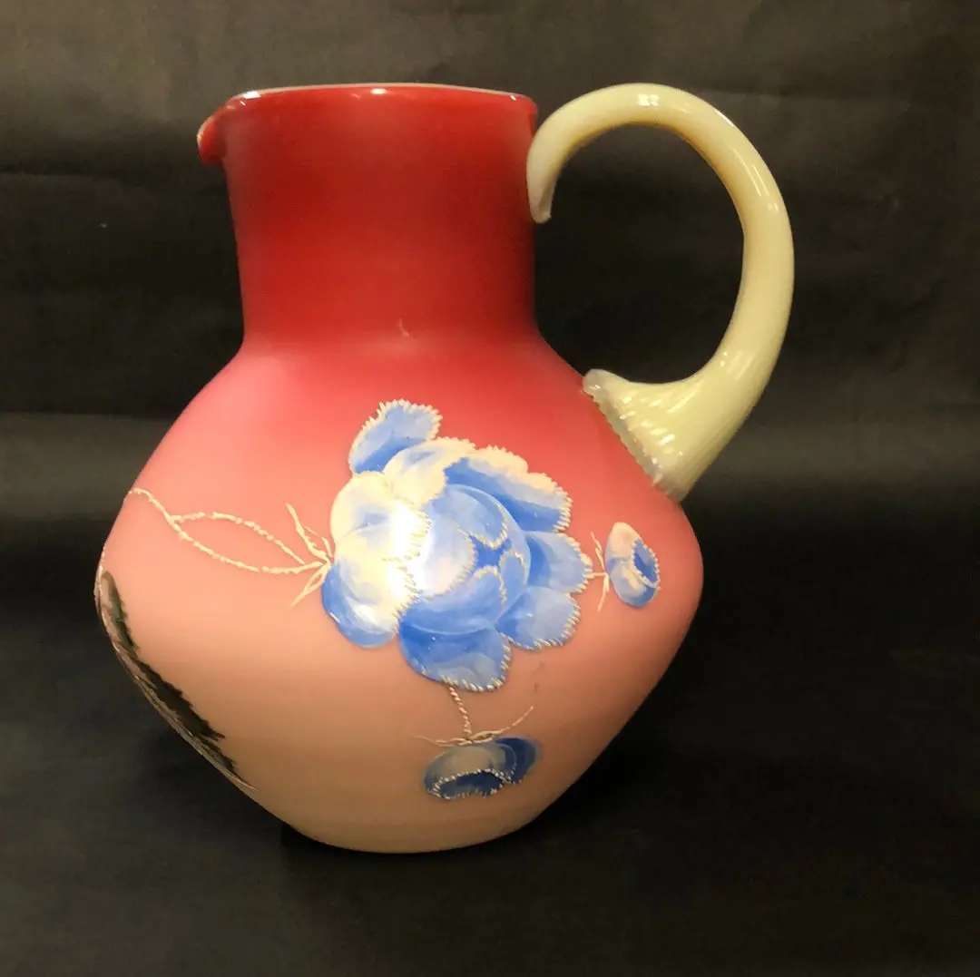 Satin Enameled Pink With Blue And White Flowers Pitcher 1