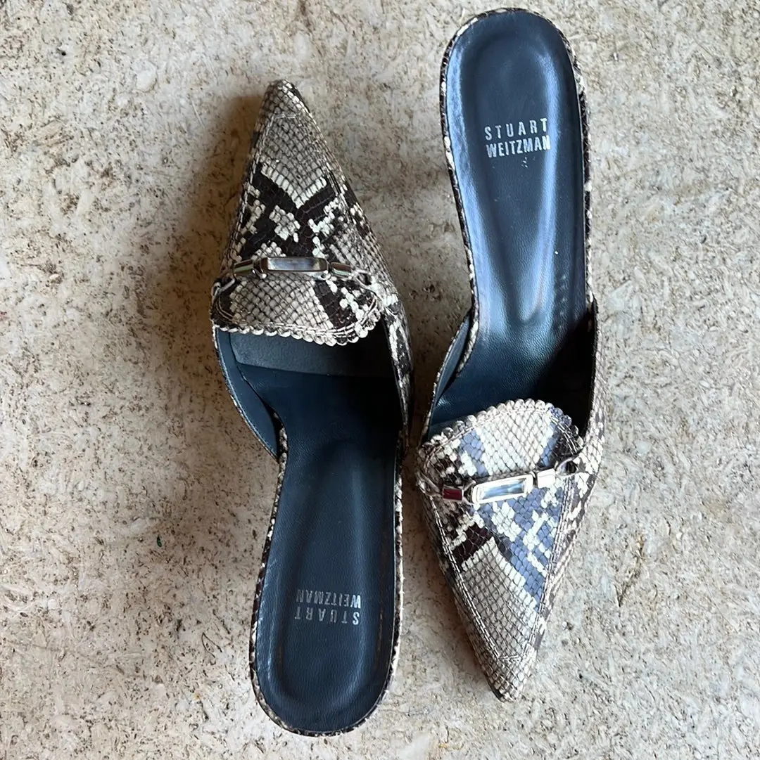 Stuart Weitzman Snake Kitten Heel Mules 1