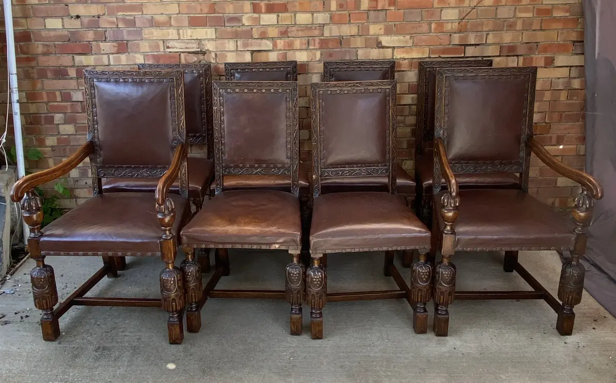 Set Of 8 Oak And Leather Tudor Style Chairs 1
