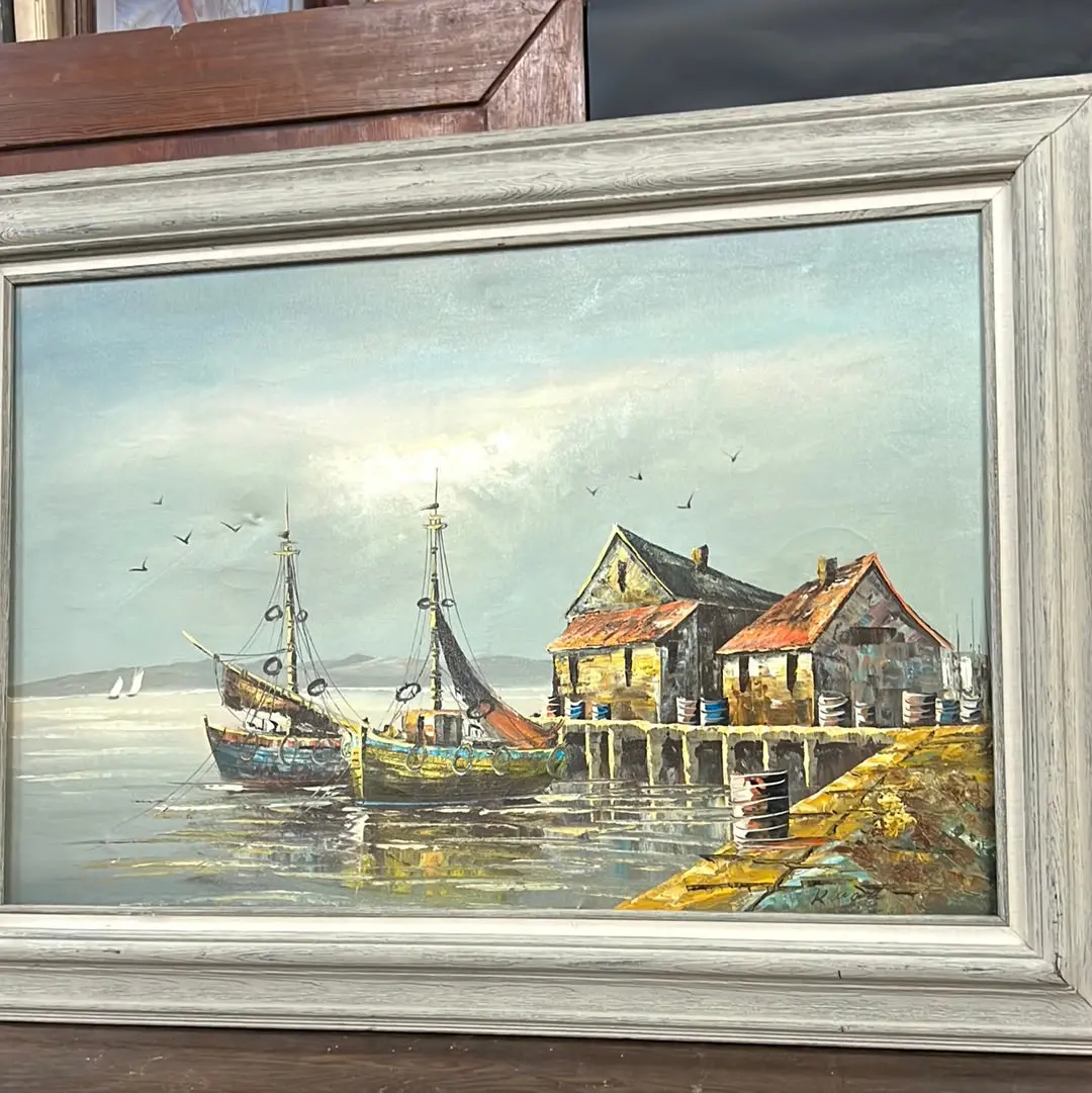 Large Gray Framed Coastal Wharf Painting 1