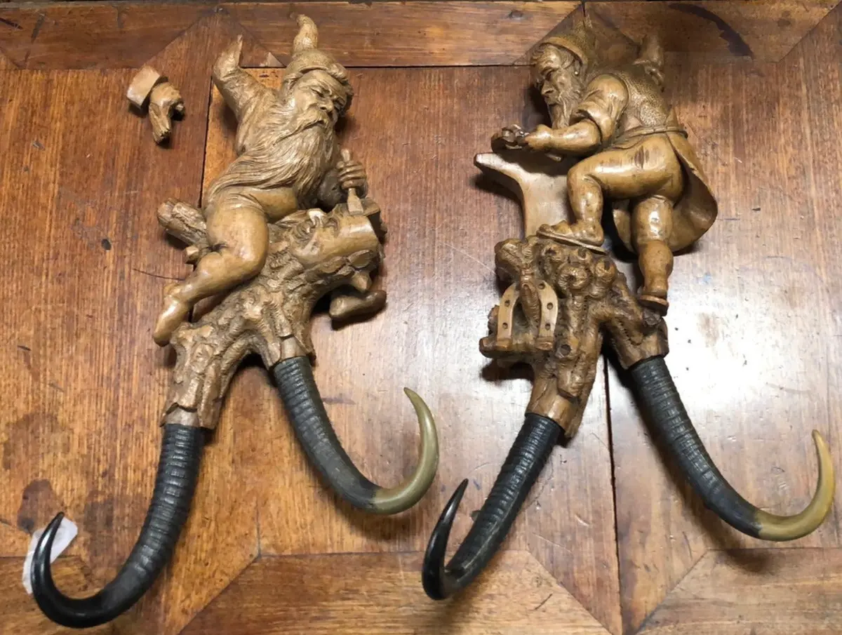 Pair Of Hand Carved Gnomes With Antler Wall Hooks - As Found 1