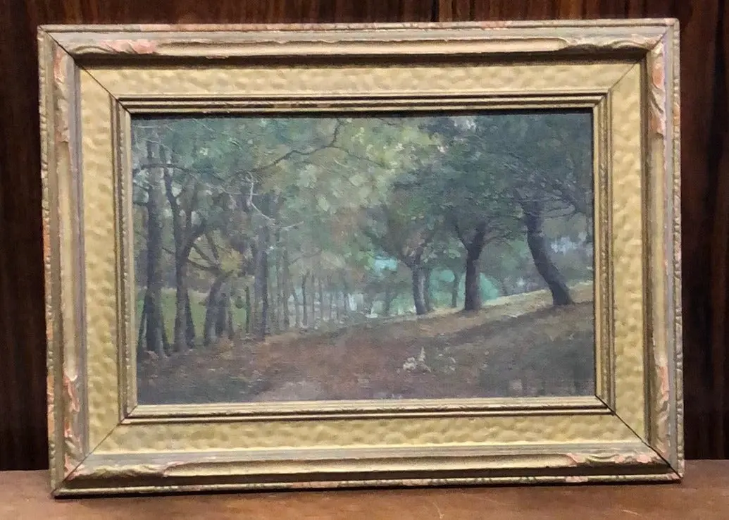 Small Primitive Sylvan Landscape Oil Painting In Gold Frame 1