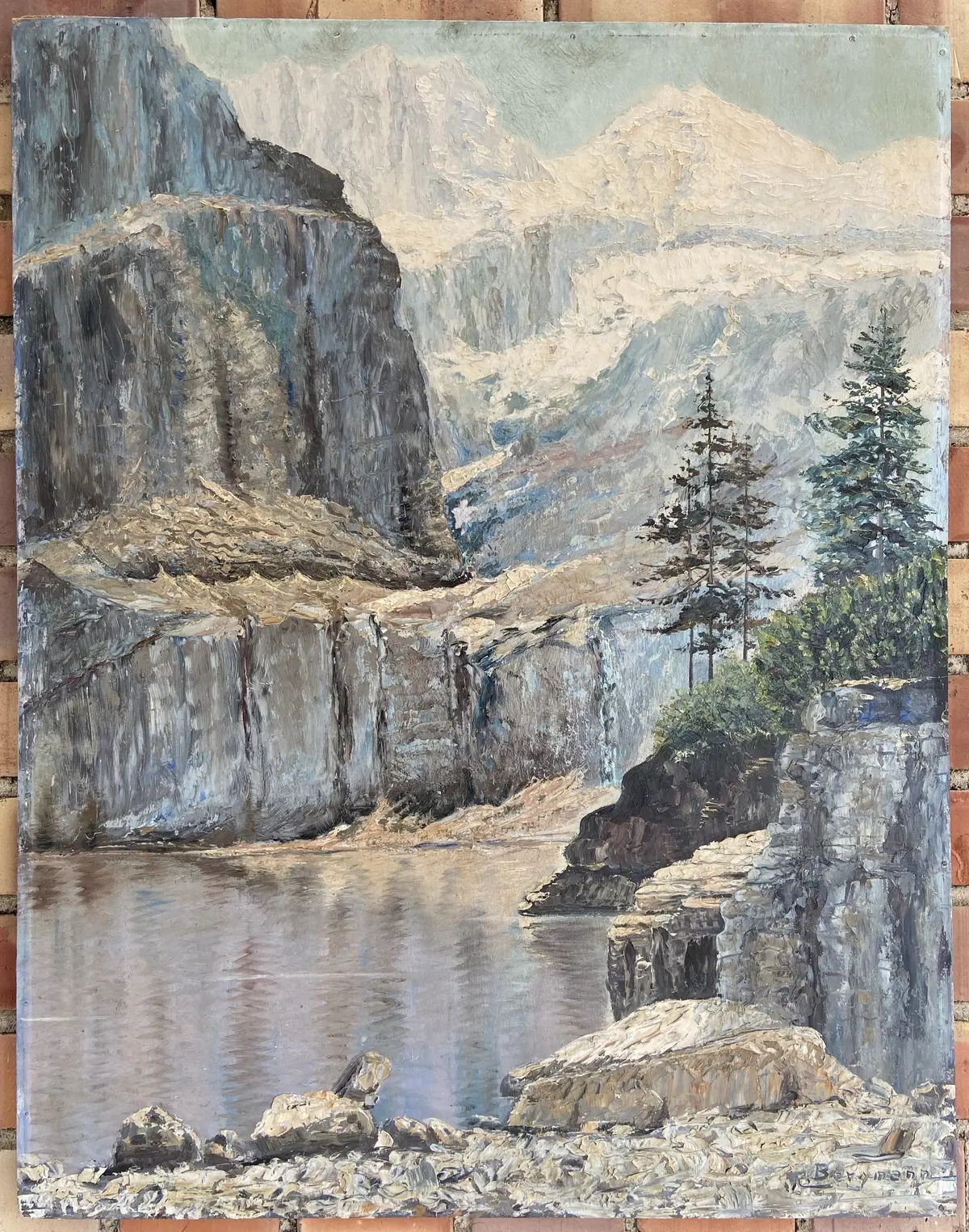 Winter Mountain Cliffs Oil Painting On Board By R. Bergman 1