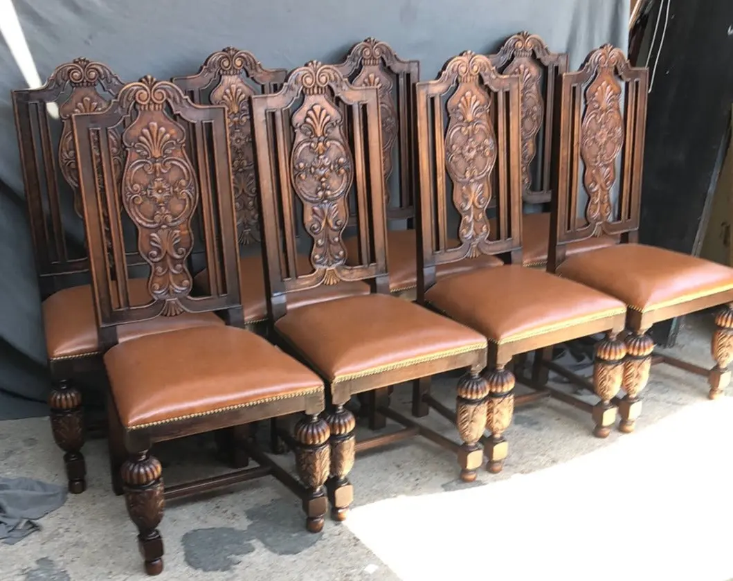 Set Of 8 Carved Tudor Oak Dining Chairs 1