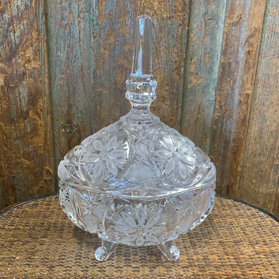 Etched Crystal Oval Footed Candy Dish With Lid 1