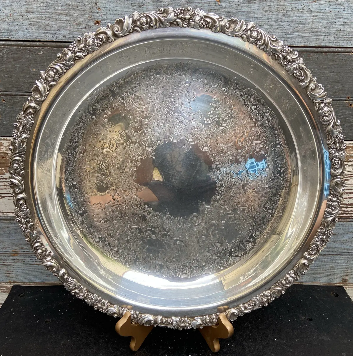 Large Round Ornate Silverplate Deep Tray 1