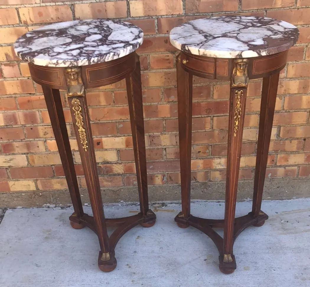 Pair Of Tall Empire Mahogany Pedestals With Veined Marble 1