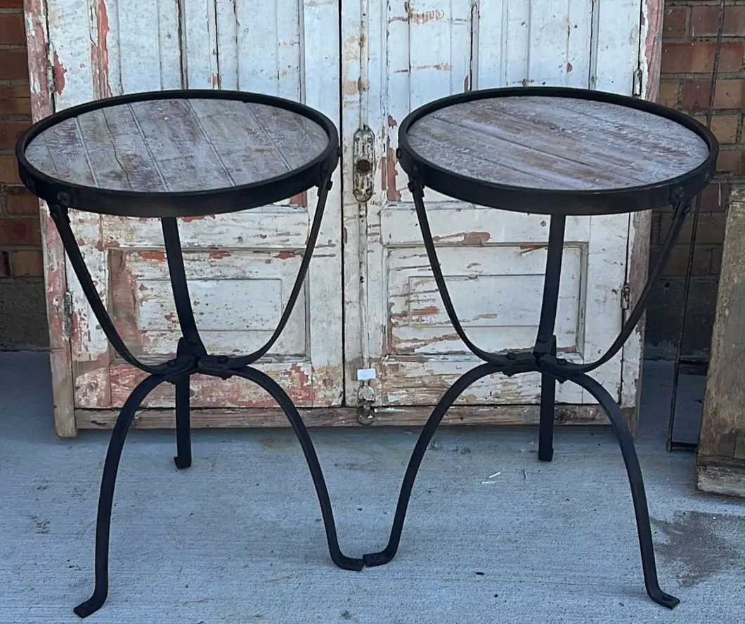 Pair Of Metal Lamp Tables With Wood Inset Top - Not Old 1