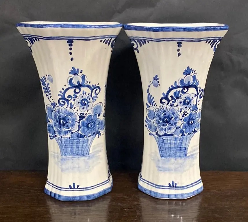Pair Of Delft Octogonal Floral Flared Top Vases 1
