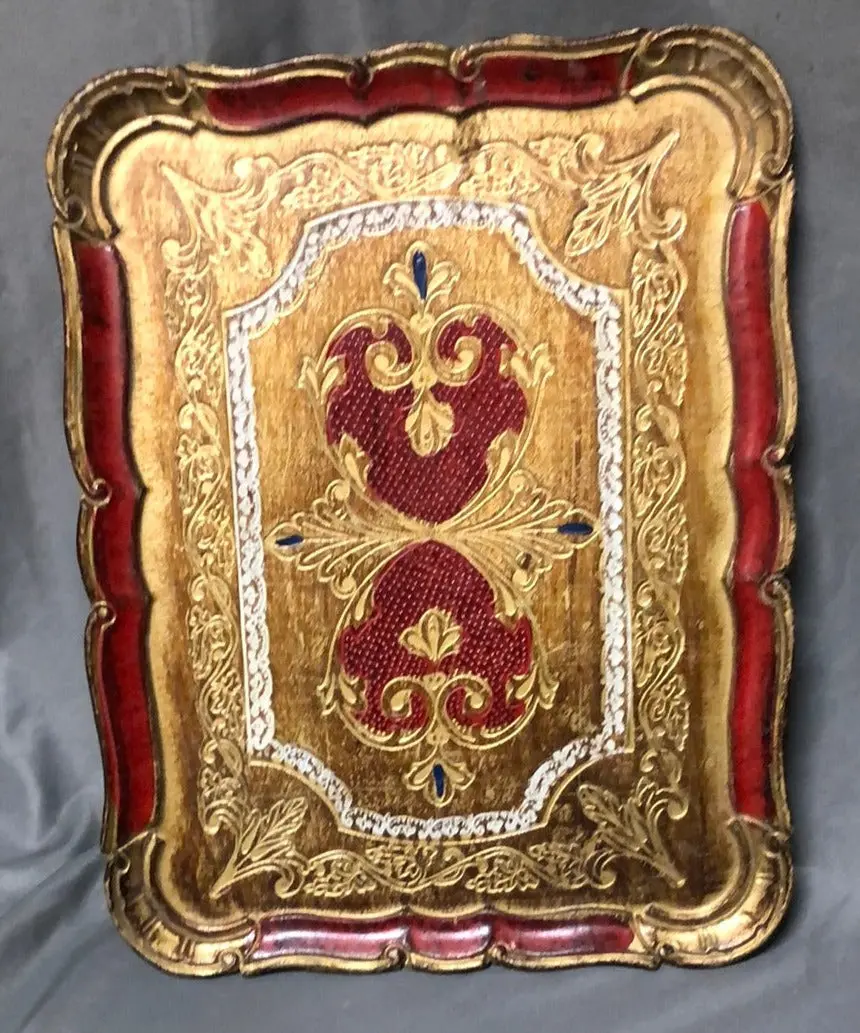 Large Florentine Rectangular Tray With Red And Gold 1
