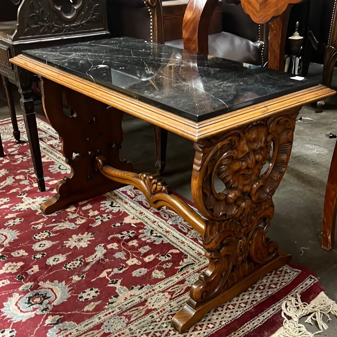 Black Marble Top Face Carved Walnut Trestle Coffee Table 1