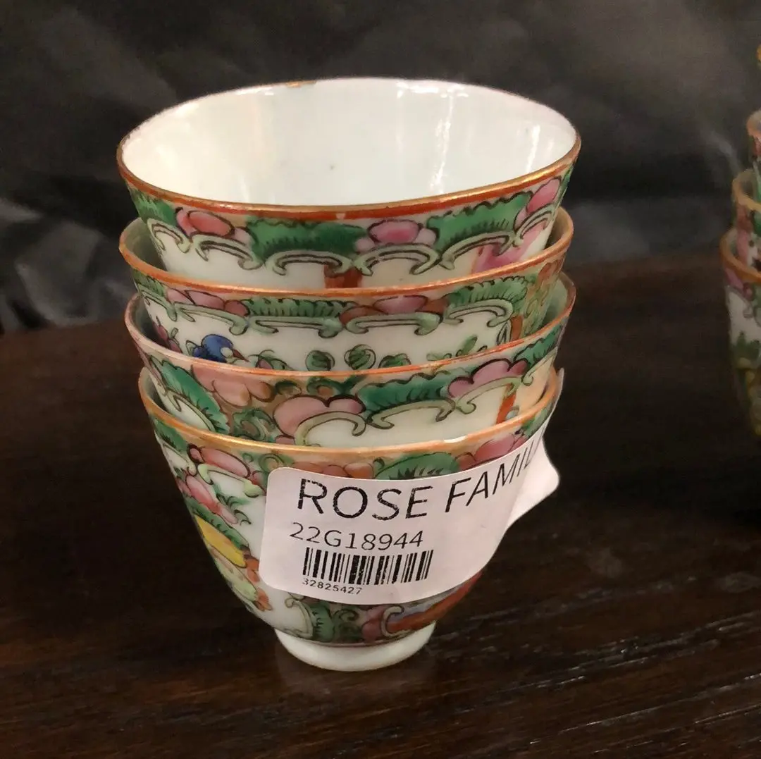 * Set Of Four Small Rose Famille Tea Cups Added To Sold Lot 1