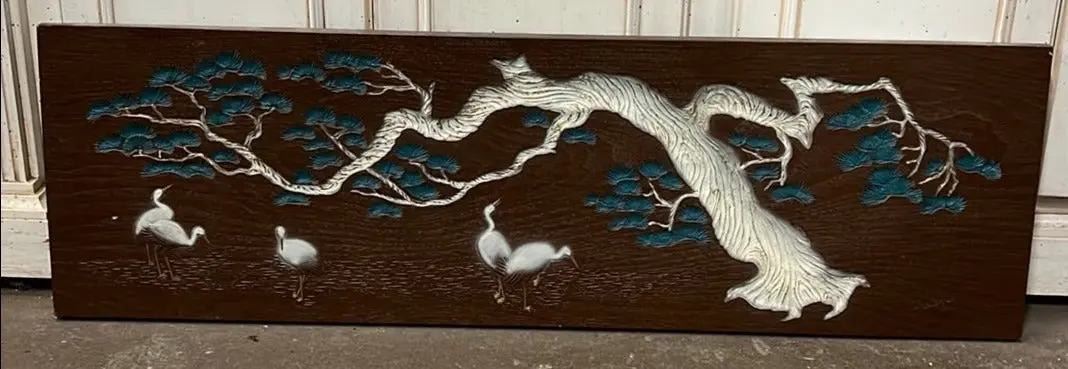 Vintage Cast Composition Asian Plaque Of Egrets And Tree 1