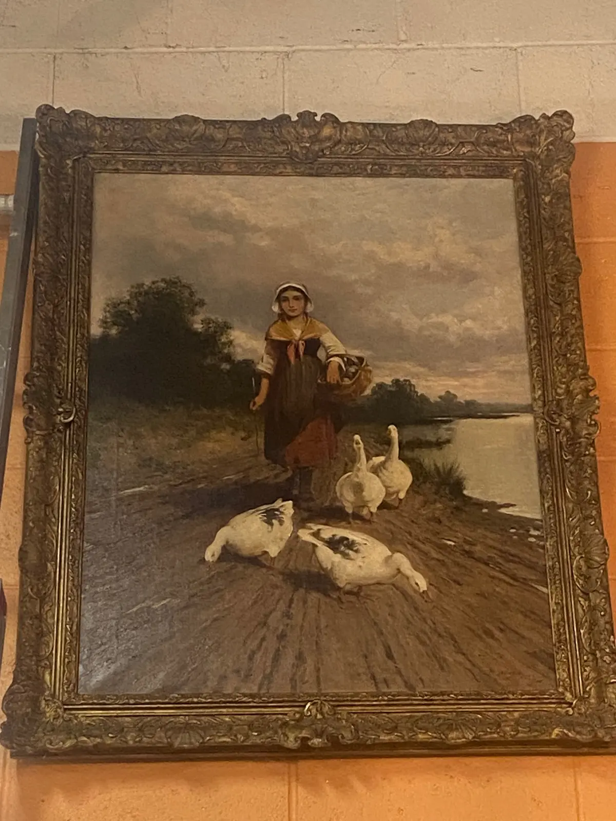 Large Oil Painting On Canvas Of Young Girl With Gaggle Of Geese 1