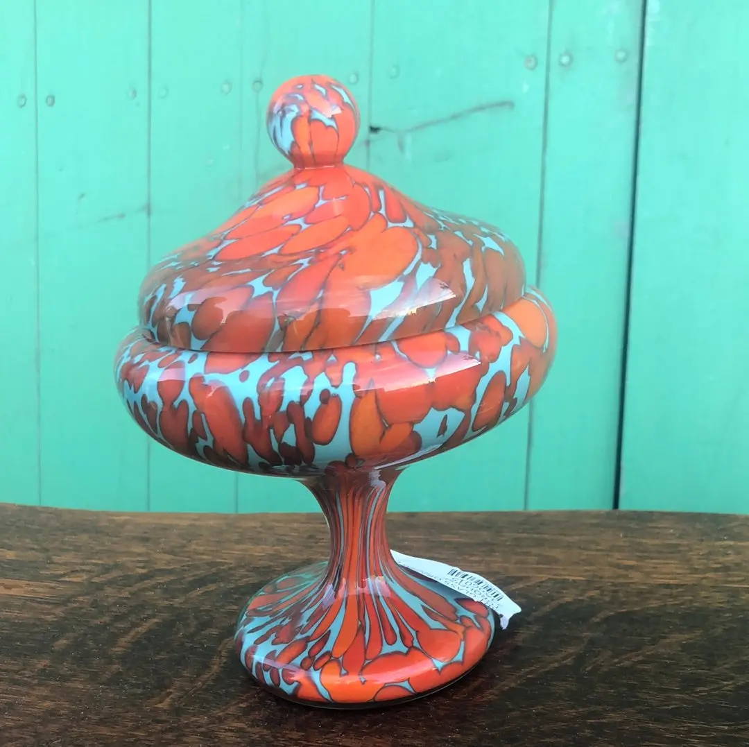 Art Glass Orange And Turquoise Lidded Compote 1