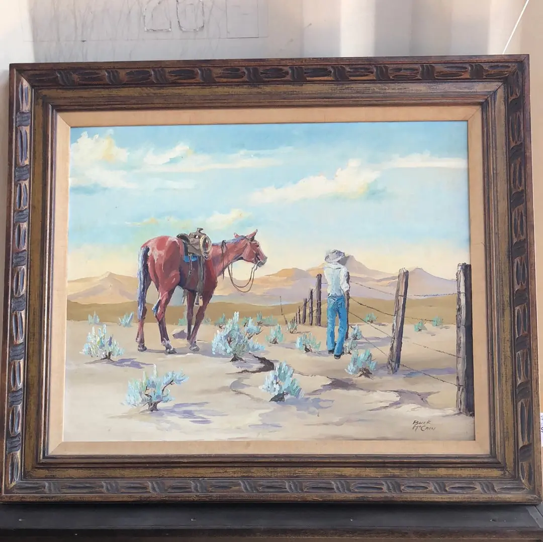 Horse And Cowboy At The Fence Oil Painting On Board By Buck Mccain 1