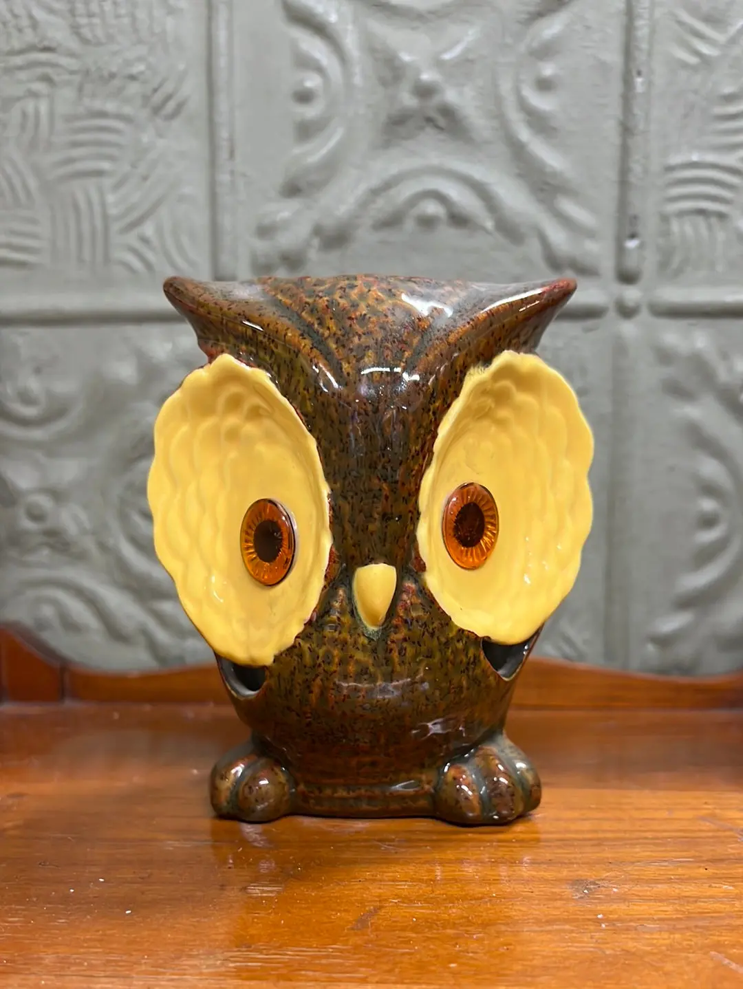Glazed Pottery Owl Tealight Candle Holder 1