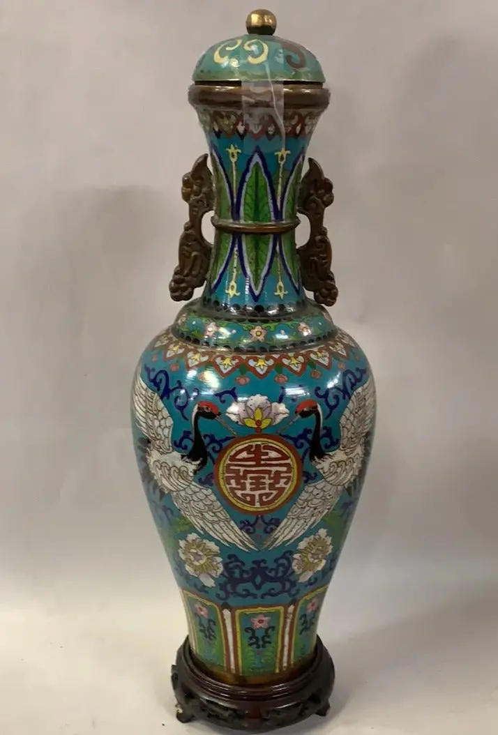 Tall Slender Cloissone Vase With Cap On Wood Base 1