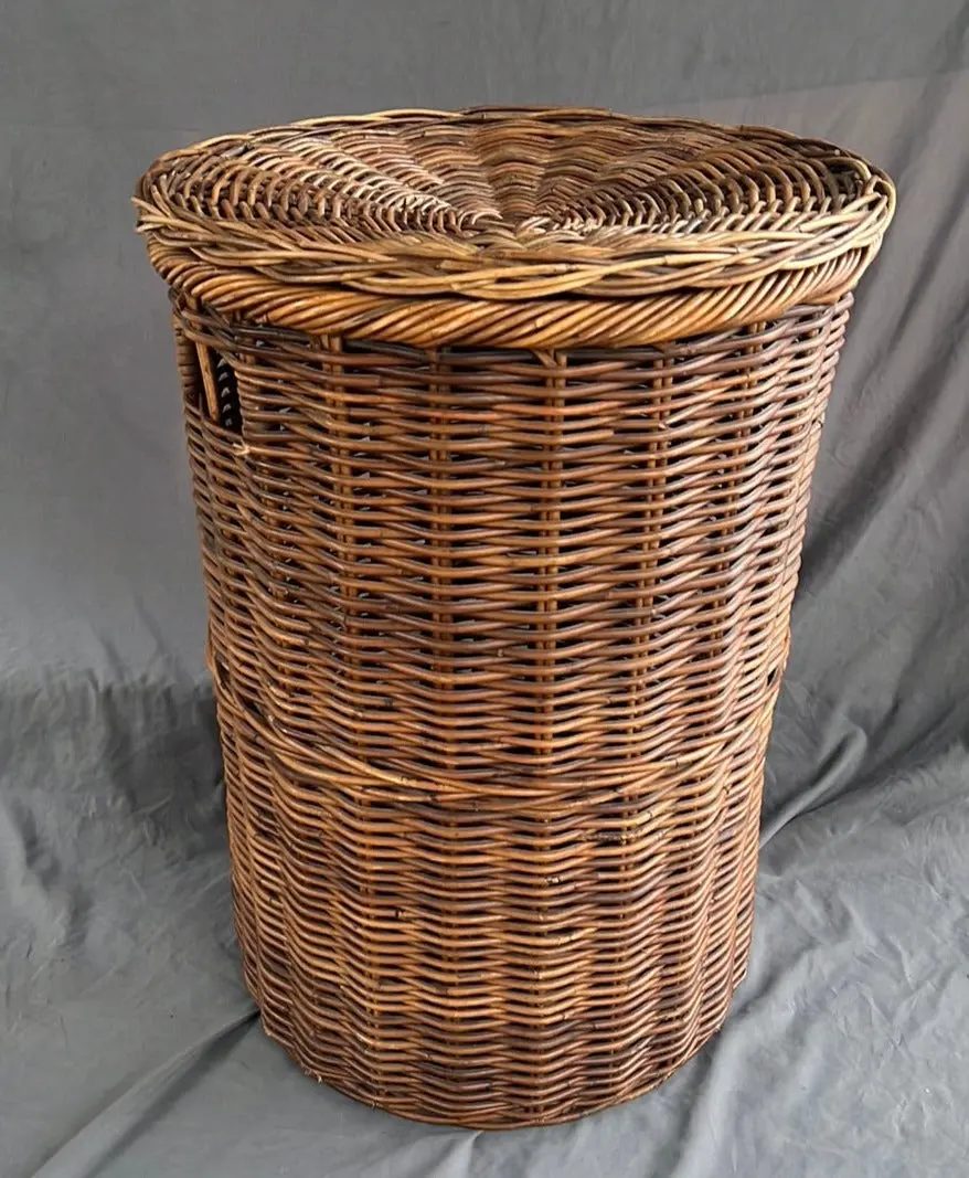 Round Cylindrical Brown Tall Wicker Basket With Lid 1