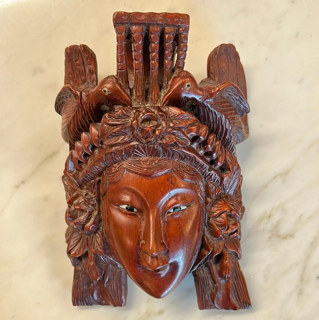 Small Asian Carved Wood Lady's Face With Birds 1