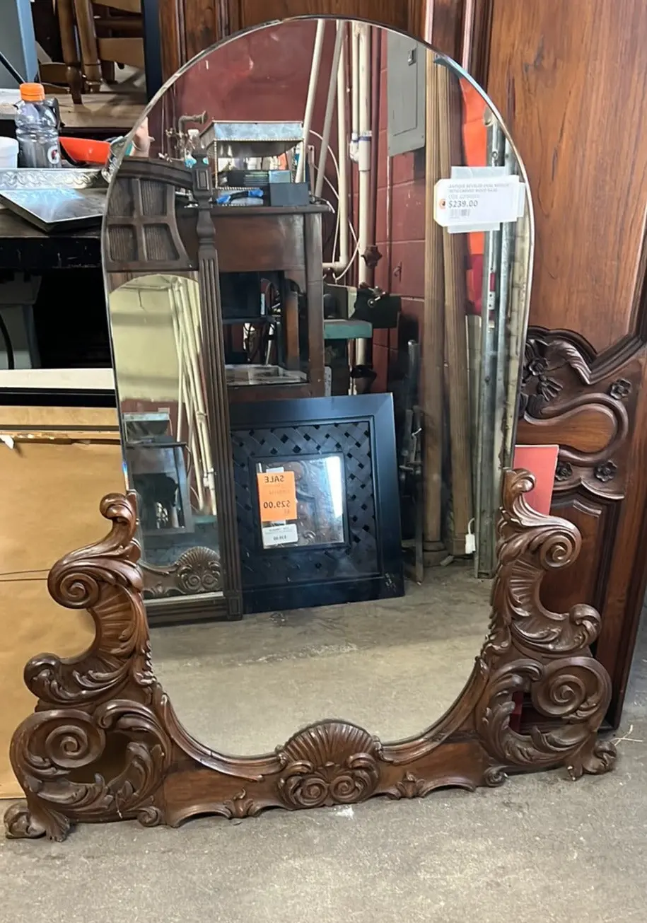 Antique Beveled Oval Mirror With Carved Wood Base 1