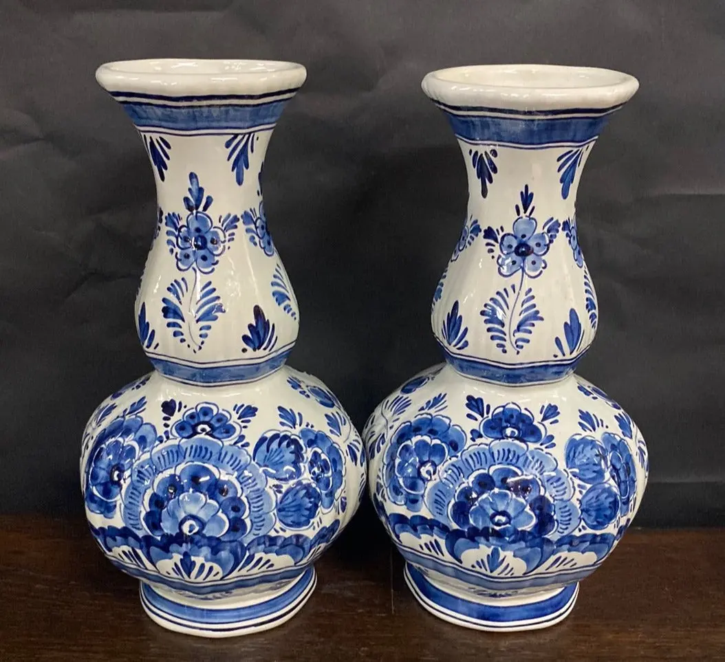 Pair Of Bulbous Floral Delft Vases 1