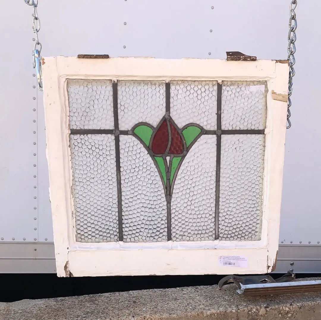 Stained Glass Window With Red Flower And Green Leaves 1