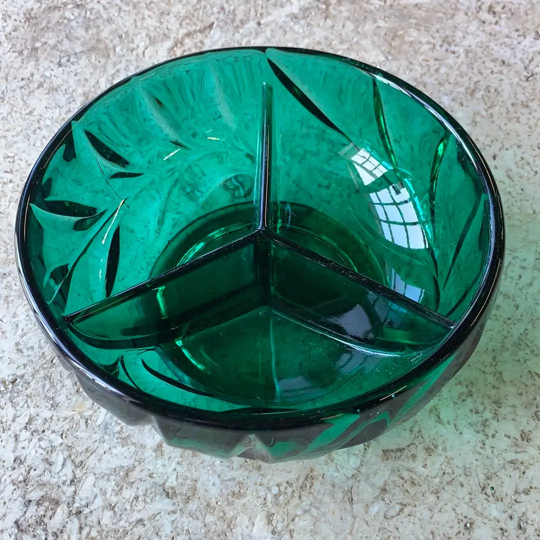 Emerald Green Glass 3 Compartment Bowl 1