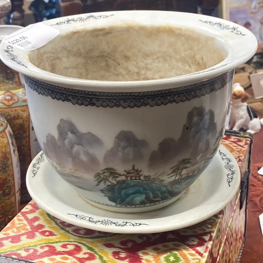 Chinese Planter Pot And Saucer With Landscape Design 1
