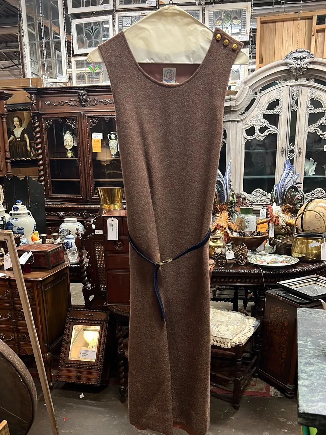 Brown Wool Sleeveless Dress With Anchor Buttons And Navy Belt 1