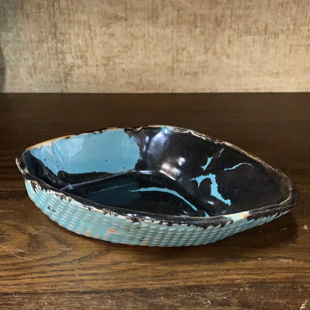 Aqua And Black Glazed Pottery Catch All Dish 1