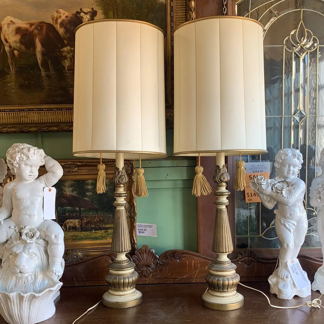 As Found Pair Of Vintage Gold Metal Lamps With Tassels 1