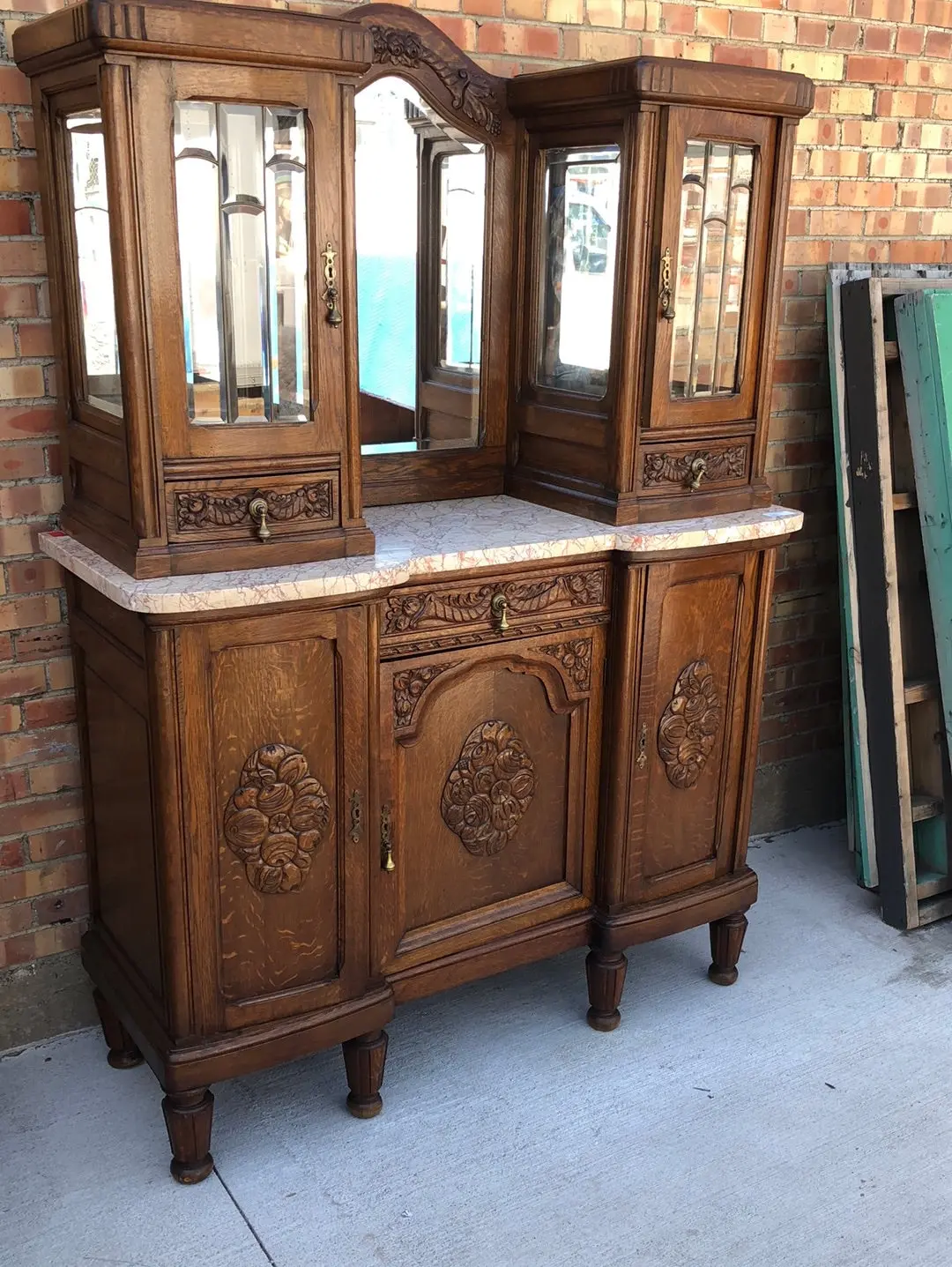 Deco Fruit Carved Oak Marble Top China Buffet 1