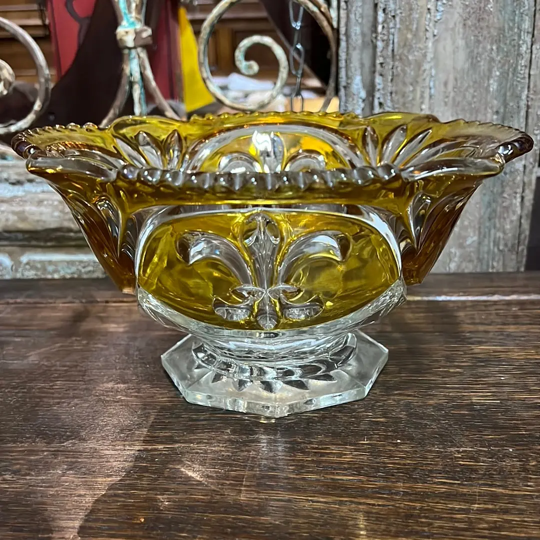 Gold And Clear Pressed Glass Compote With Fleur Di Lis 1